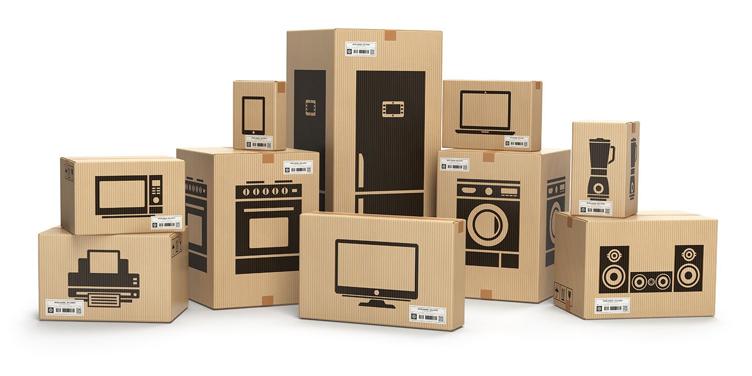 Household kitchen appliances and home electronics in boxes isolated on white. E-commerce, internet online shopping and delivery concept. 3d illustration